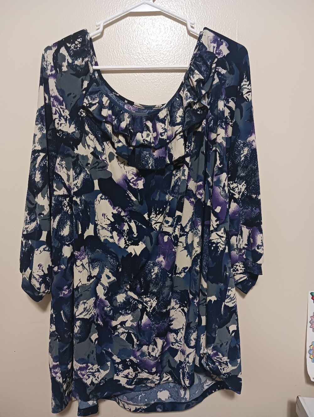 Unbranded Women’s Blue & Purple Floral Ruffle Neck Blouse 3x A-12